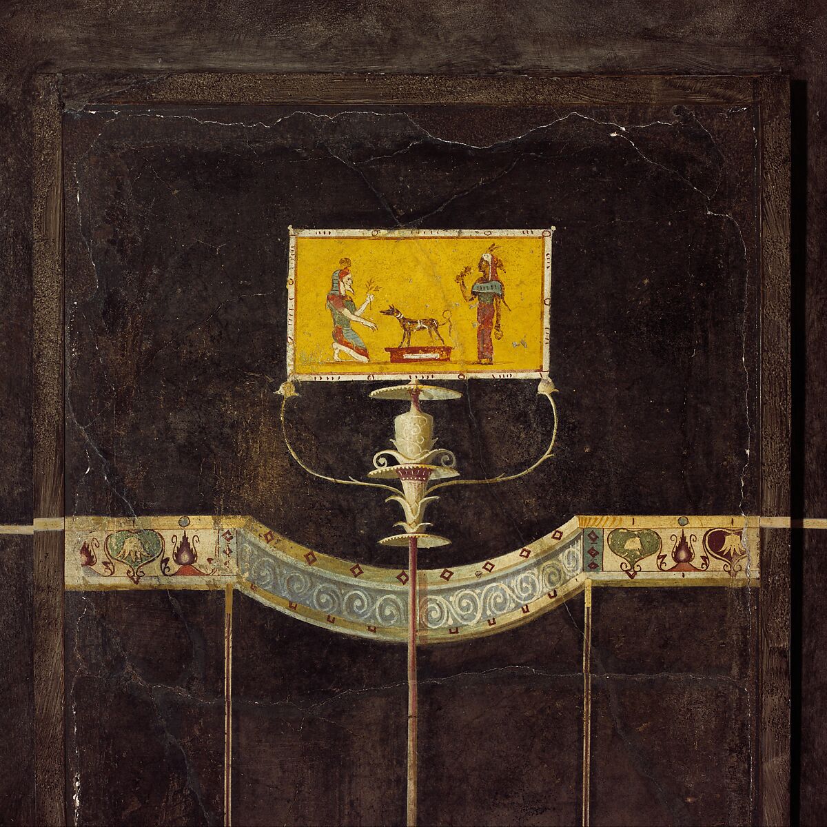 Wall painting on black ground: Egyptianizing scene and pair of swans, from the imperial villa at Boscotrecase, Fresco, Roman, Pompeian