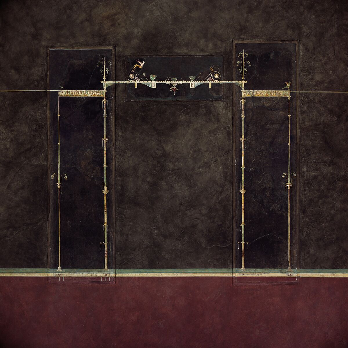 Wall painting on black ground: supports with entrablature, from the imperial villa at Boscotrecase, Fresco, Roman, Pompeian