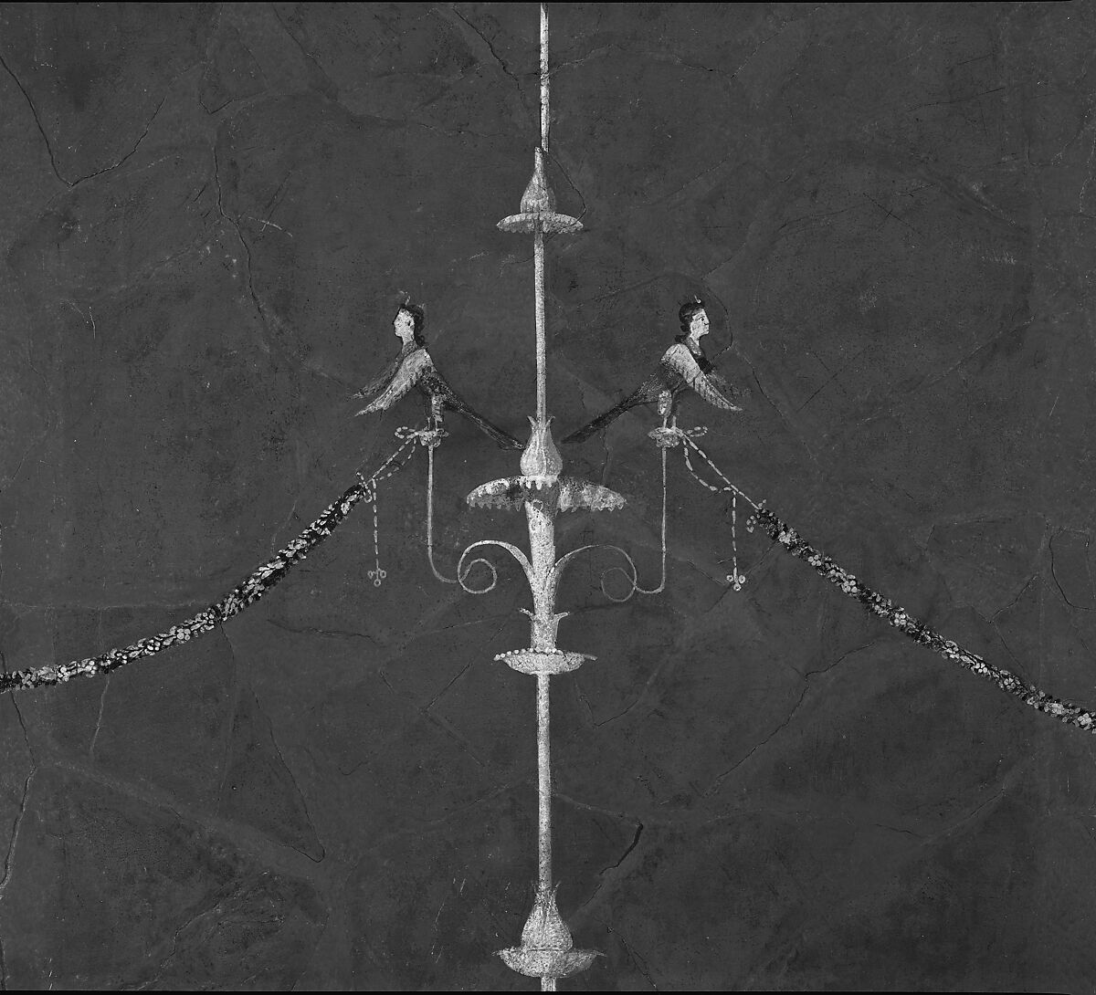 Wall painting on red ground: candelabrum, from the imperial villa at Boscotrecase, Fresco, Roman, Pompeian