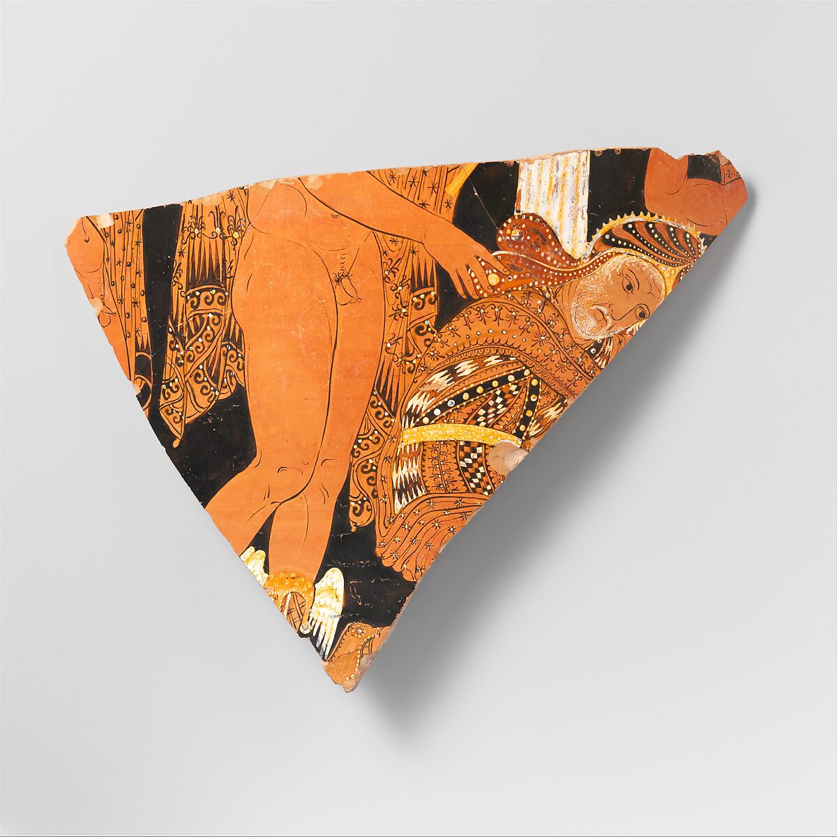 Fragment of a terracotta calyx-krater (mixing bowl), Attributed to the Black Fury Painter, Terracotta, Greek, South Italian, Apulian 