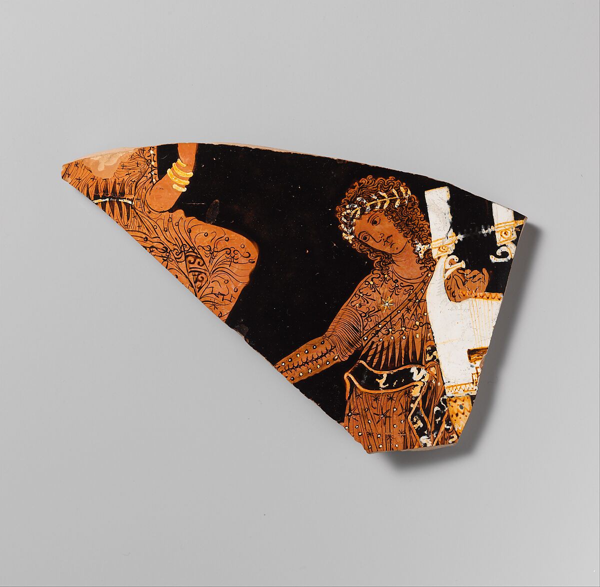 Fragment of a terracotta calyx-krater (mixing bowl), Attributed to the Black Fury Painter, Terracotta, Greek, South Italian, Apulian 