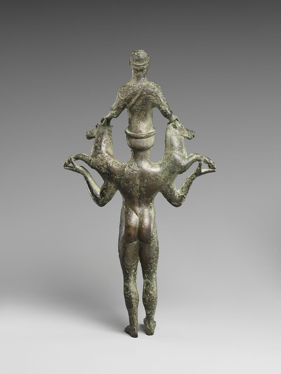 Bronze mirror support in the form of a man, Bronze, Greek, South Italian