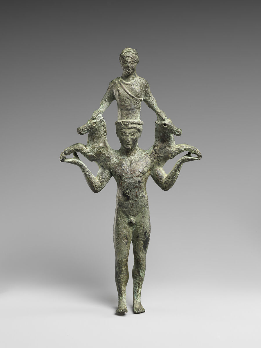 Bronze mirror support in the form of a man, Bronze, Greek, South Italian 