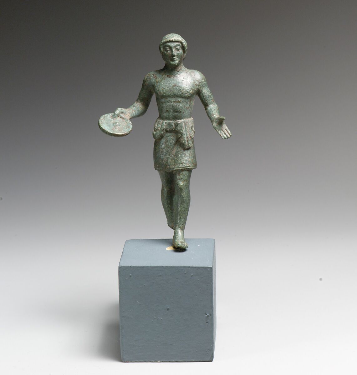 Bronze statuette of a youth with phiale, Bronze, Etruscan 
