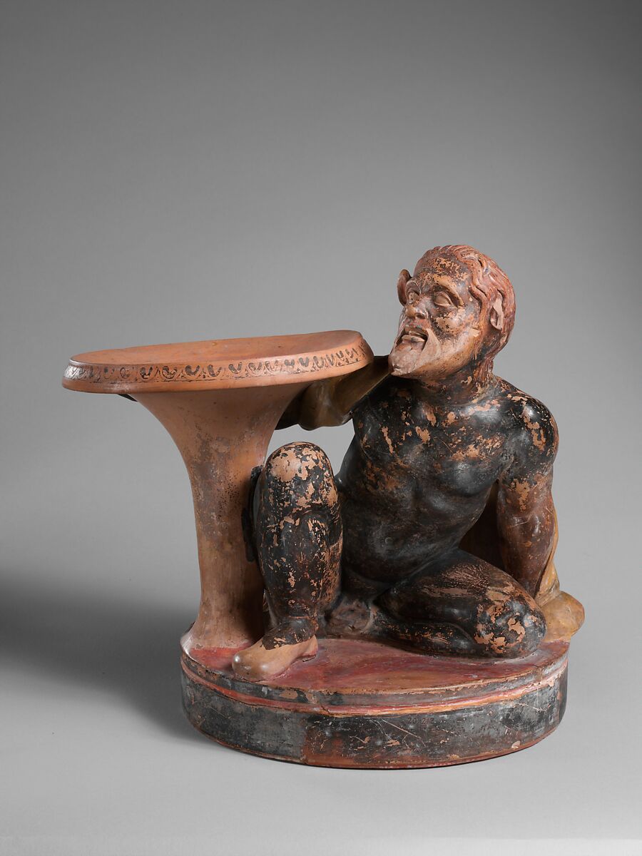 Terracotta stand with a satyr, Terracotta, Etruscan 