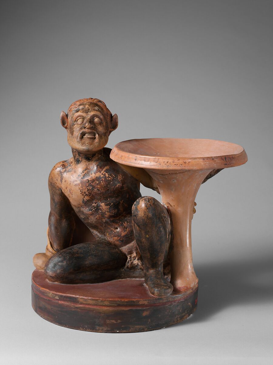 Terracotta stand with a satyr, Terracotta, Etruscan 