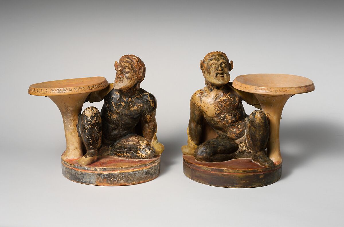 Terracotta stand with a satyr, Terracotta, Etruscan