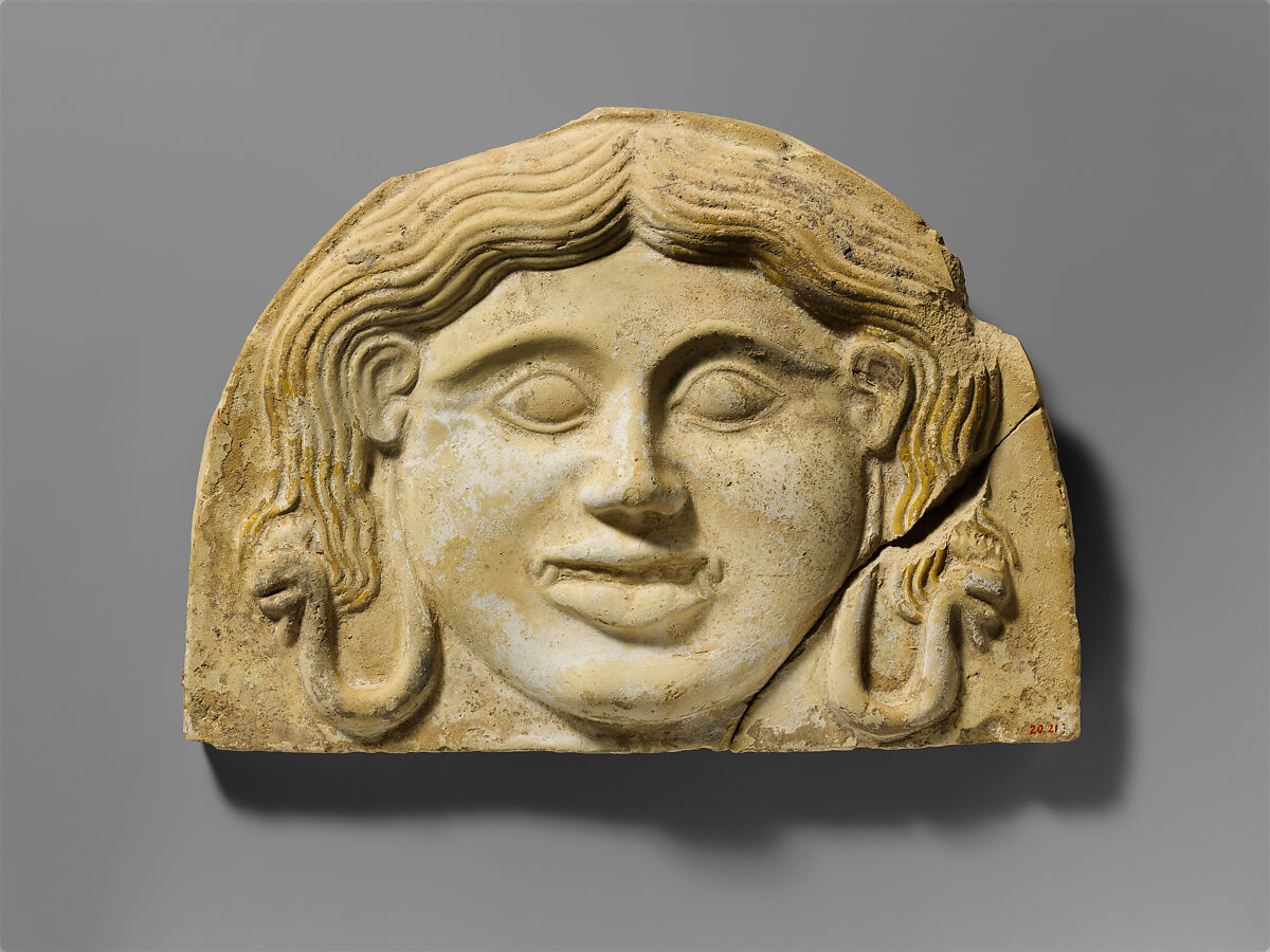 Terracotta gorgoneion antefix (roof tile), Terracotta, Greek, South Italian, Tarentine 