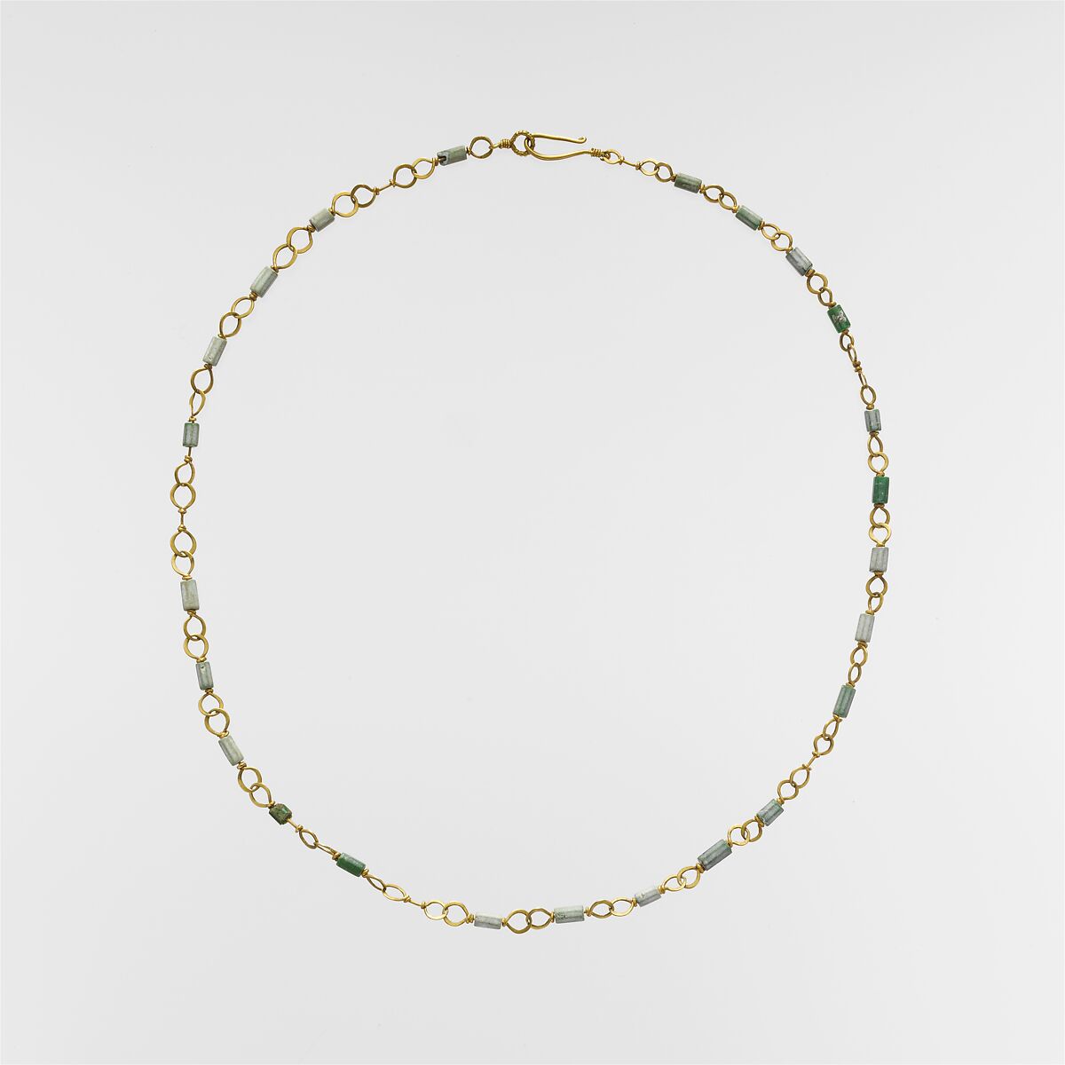 Gold necklace with emerald and variscite beads, Gold, emerald, and variscite, Roman