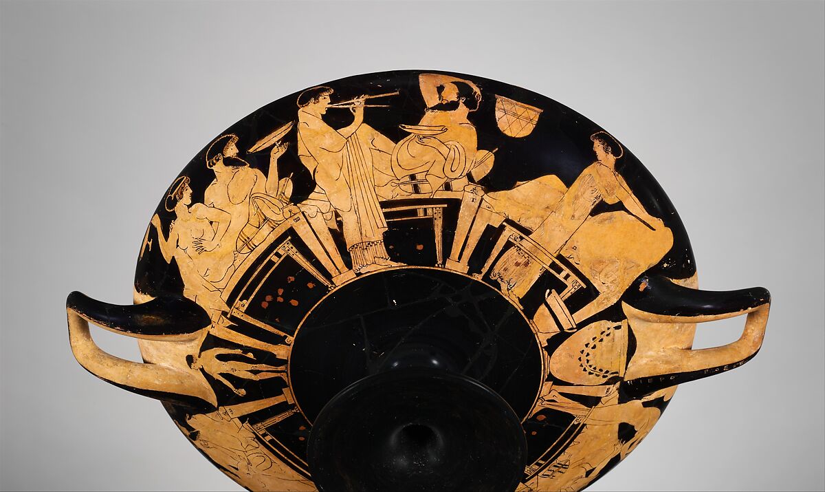 Terracotta kylix (drinking cup), Signed by Hieron as potter, Terracotta, Greek, Attic
