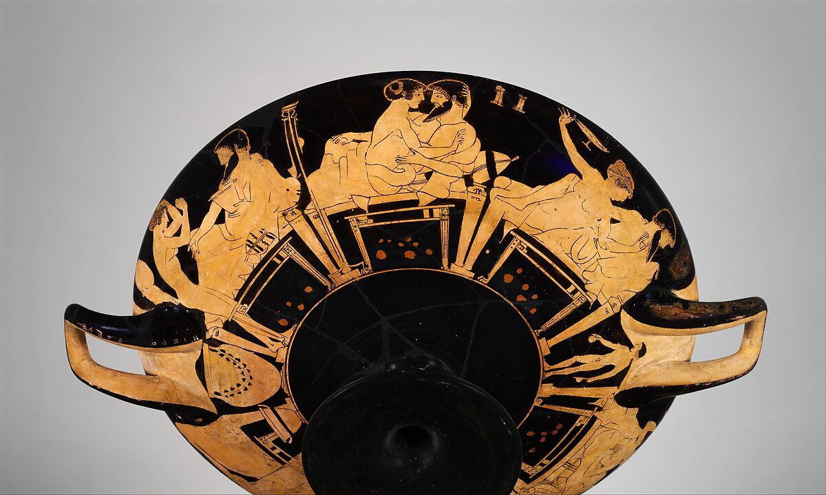 Terracotta kylix (drinking cup), Signed by Hieron as potter, Terracotta, Greek, Attic