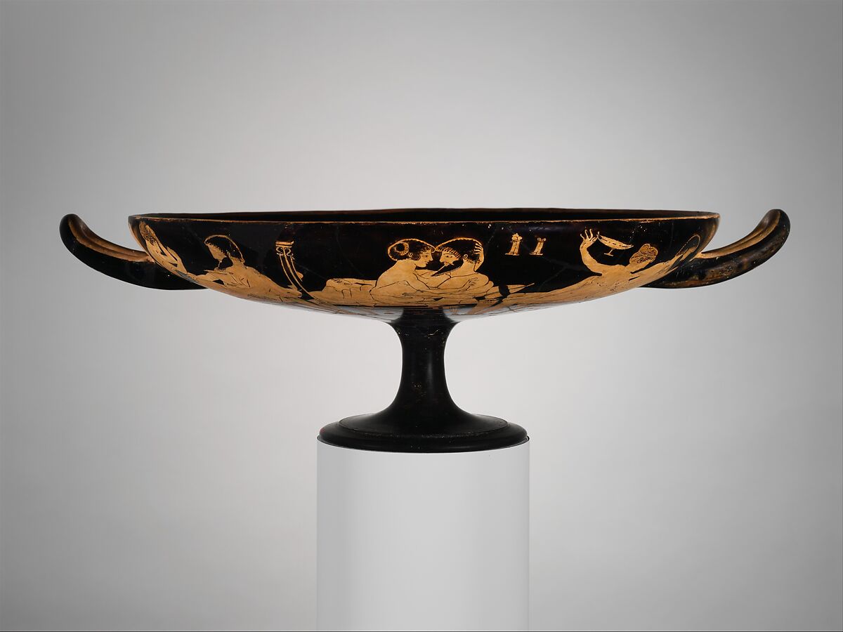 Terracotta kylix (drinking cup), Signed by Hieron as potter, Terracotta, Greek, Attic