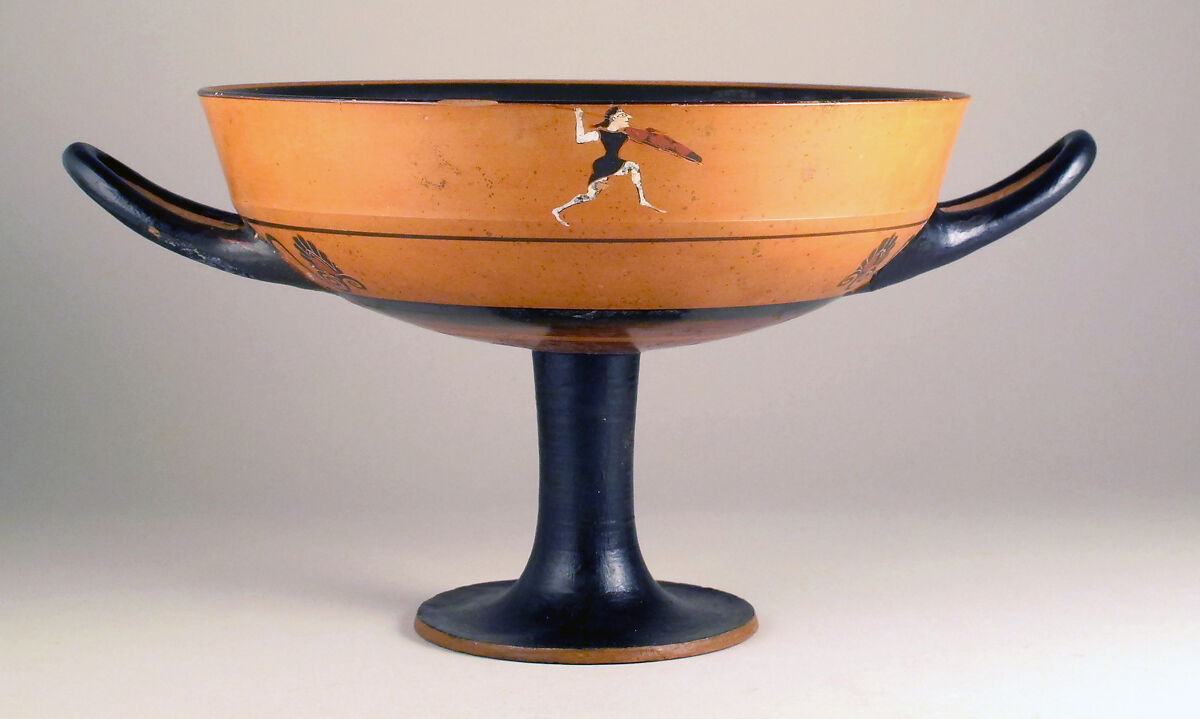 Terracotta kylix: lip-cup (drinking cup), Terracotta, Greek, Attic 