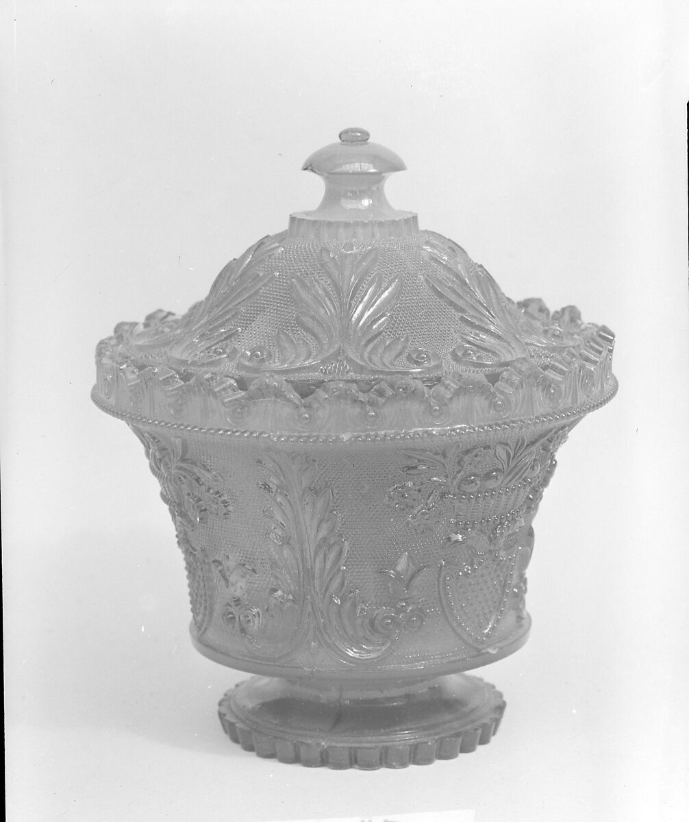 Covered Sugar Bowl, Probably Providence Flint Glass Works (1830–33), Lacy pressed glass, American 