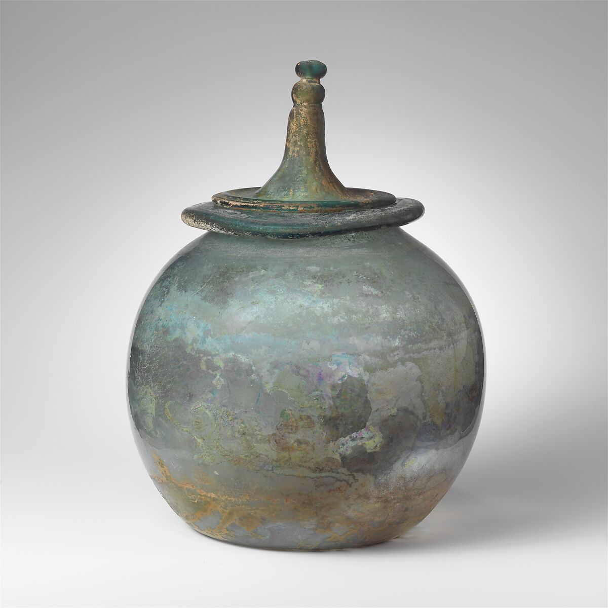 Glass cinerary urn with lid, Glass, Roman 