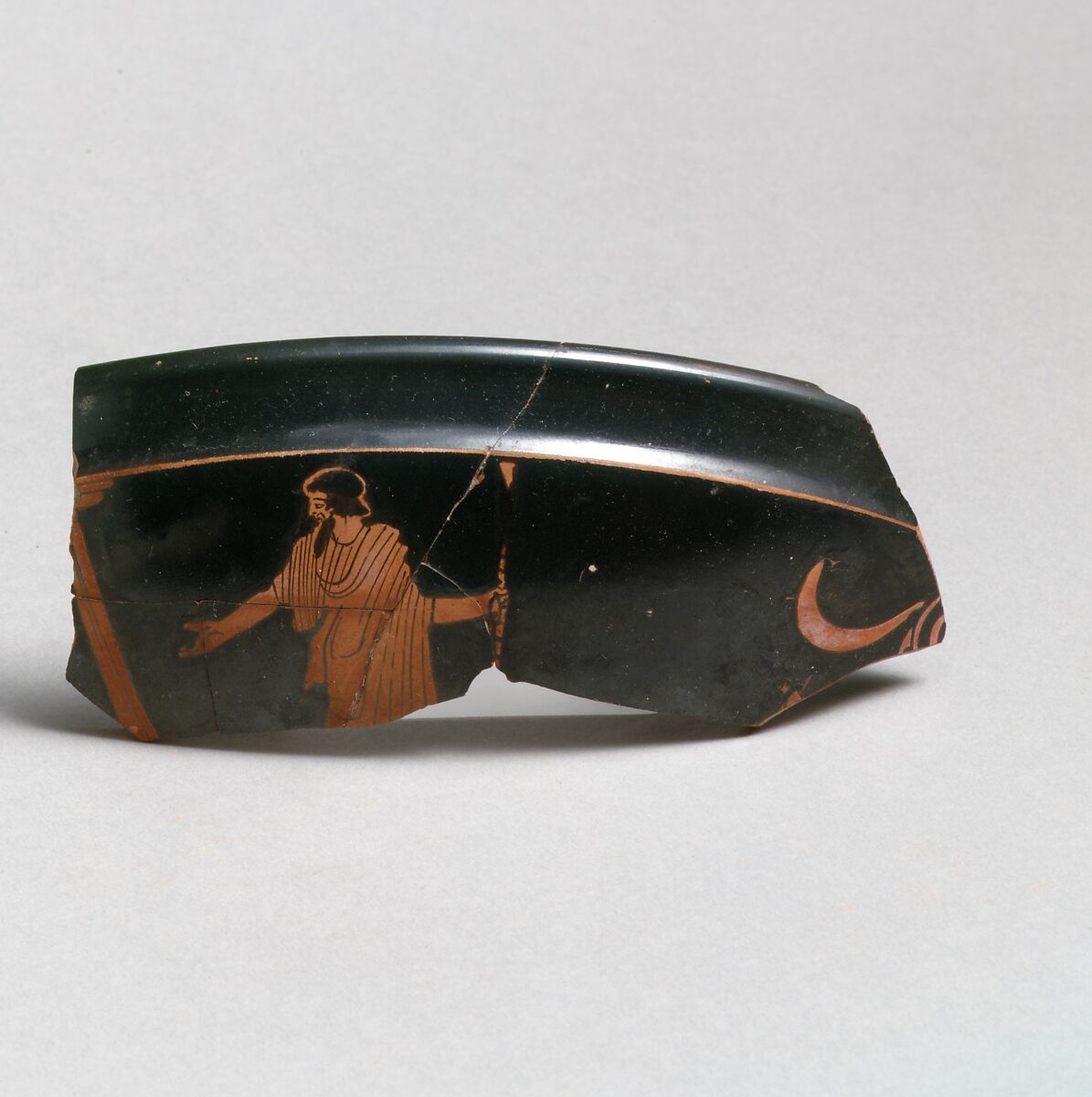 Kylix Fragment, Attributed to the Carlsruhe Painter, Terracotta, Greek, Attic 