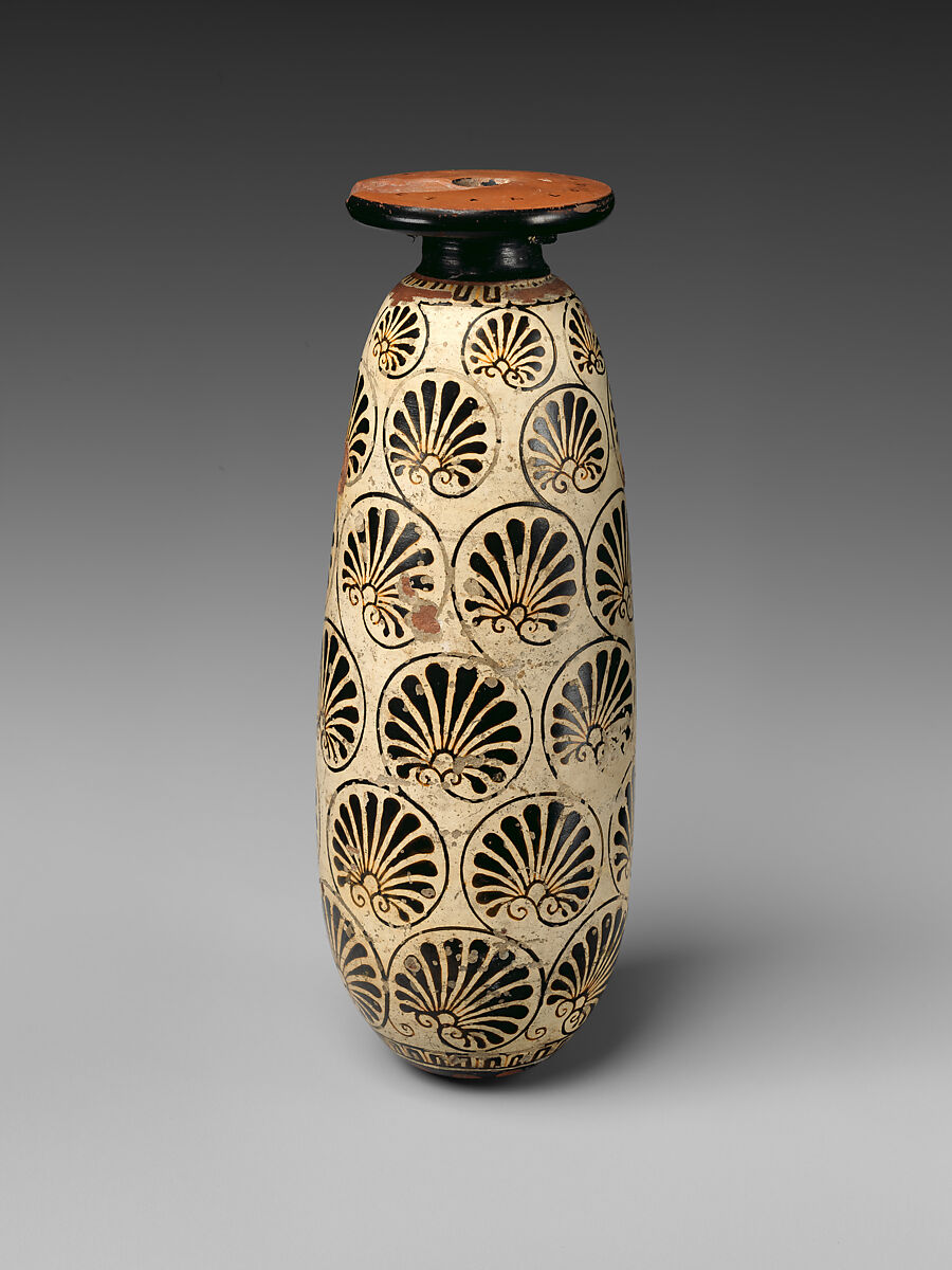 Terracotta alabastron (perfume vase), Attributed to the Group of the Paidikos Alabastra, Terracotta, Greek, Attic 