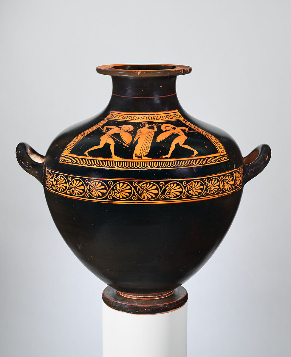 Terracotta hydria: kalpis (water jar), Dikaios Painter, Terracotta, Greek, Attic