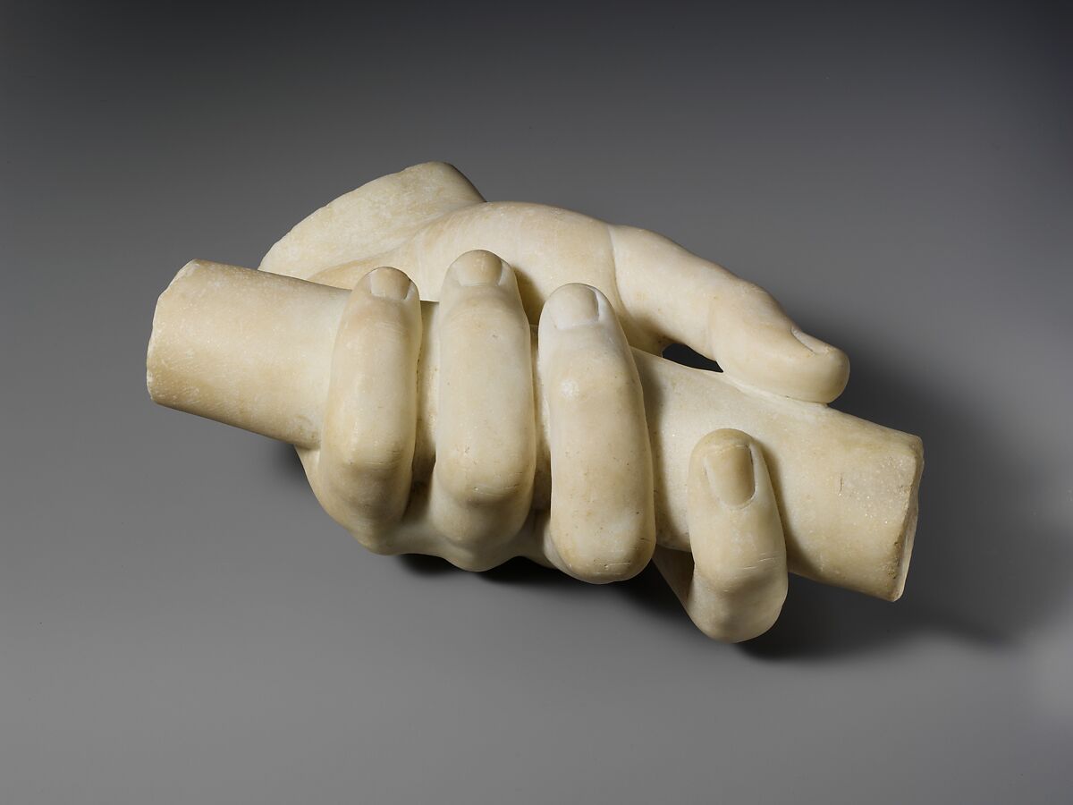 Marble left hand holding a scroll, Marble, Roman