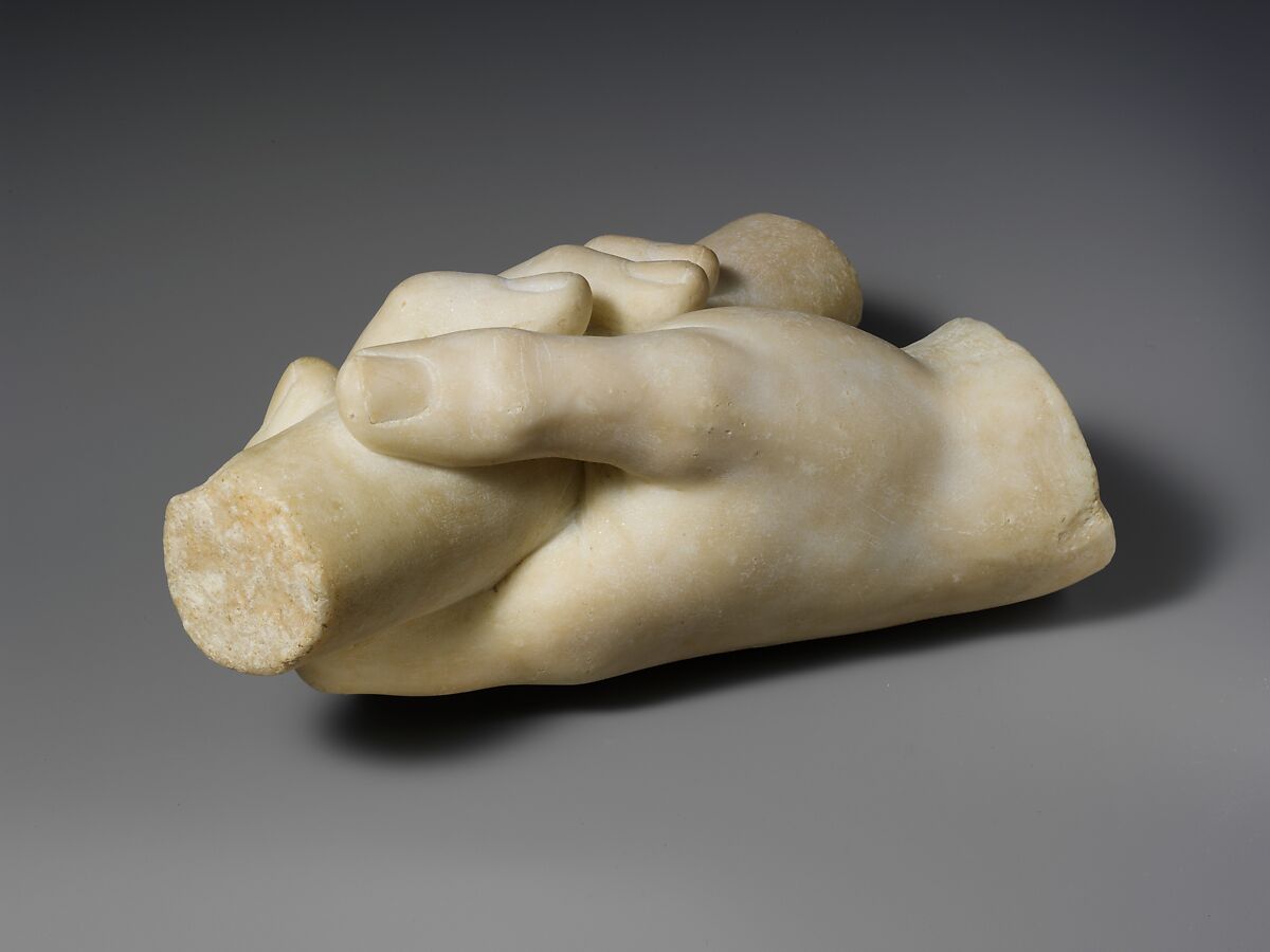 Marble left hand holding a scroll, Marble, Roman