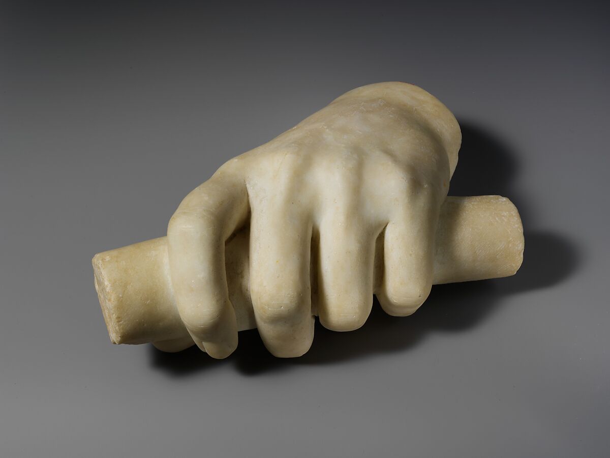 Marble left hand holding a scroll, Marble, Roman