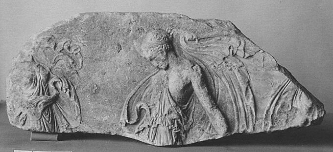 Fragment of a marble relief with dancing maenads, Adaptation of work attributed to Kallimachos, Marble, Pentelic, Roman 