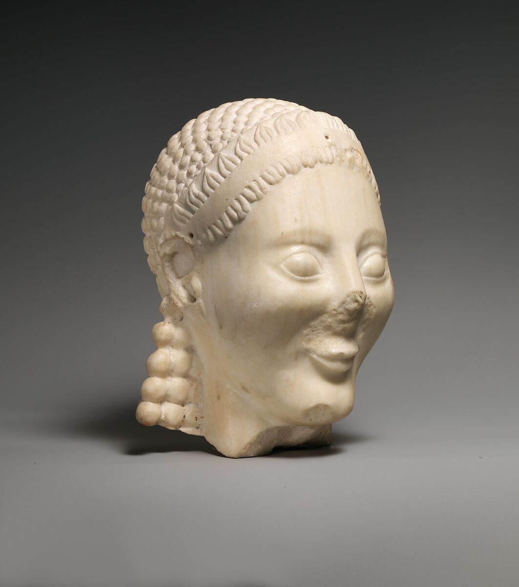 Marble head of a kouros (youth), Marble, Island, Greek, Attic