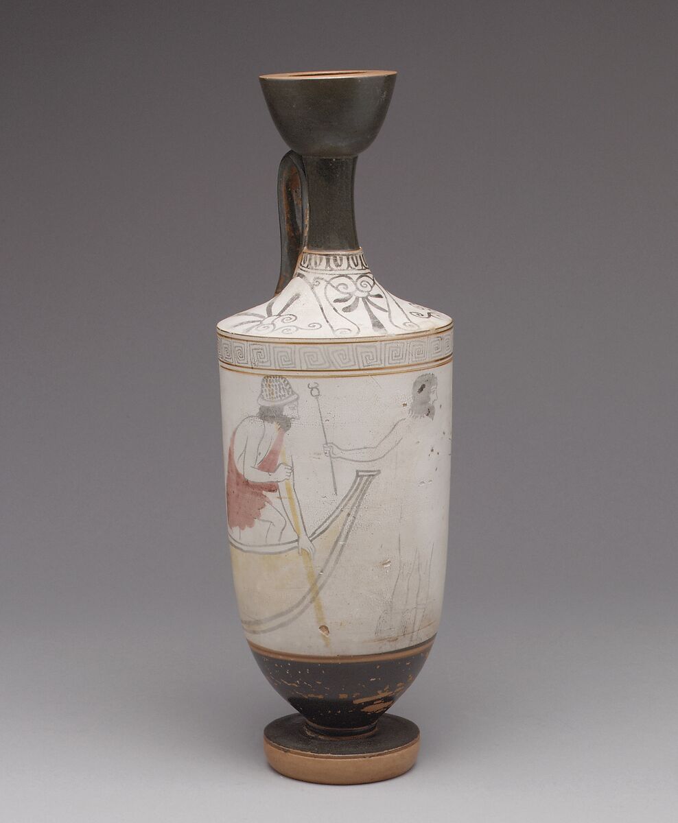 Terracotta lekythos (oil flask), Attributed to the Sabouroff Painter, Terracotta, Greek, Attic 