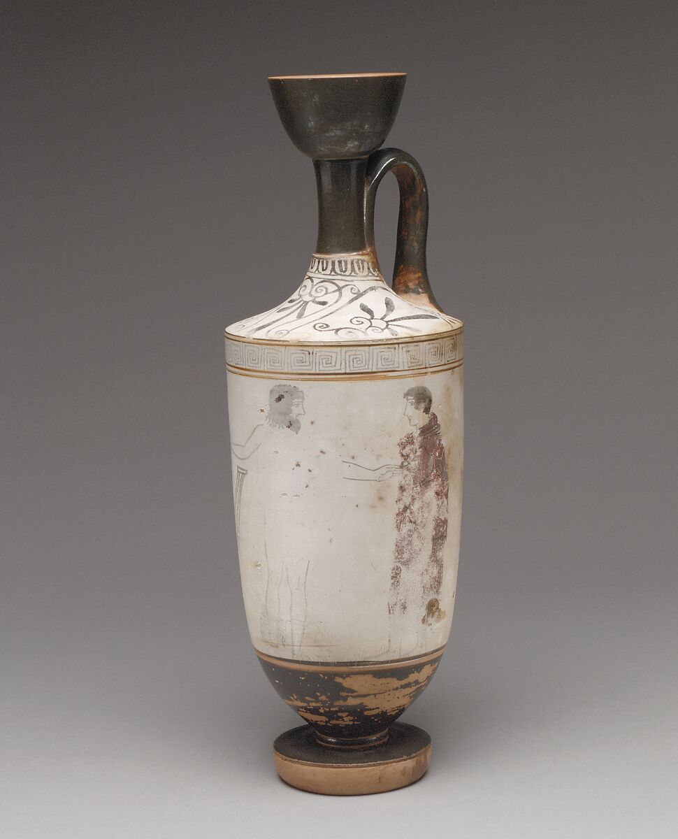 Terracotta lekythos (oil flask), Attributed to the Sabouroff Painter, Terracotta, Greek, Attic