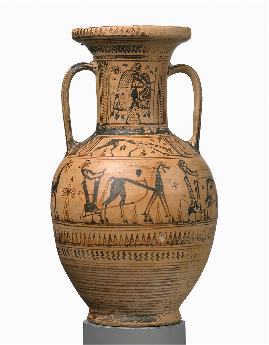 Terracotta neck-amphora, Terracotta, Greek, Attic