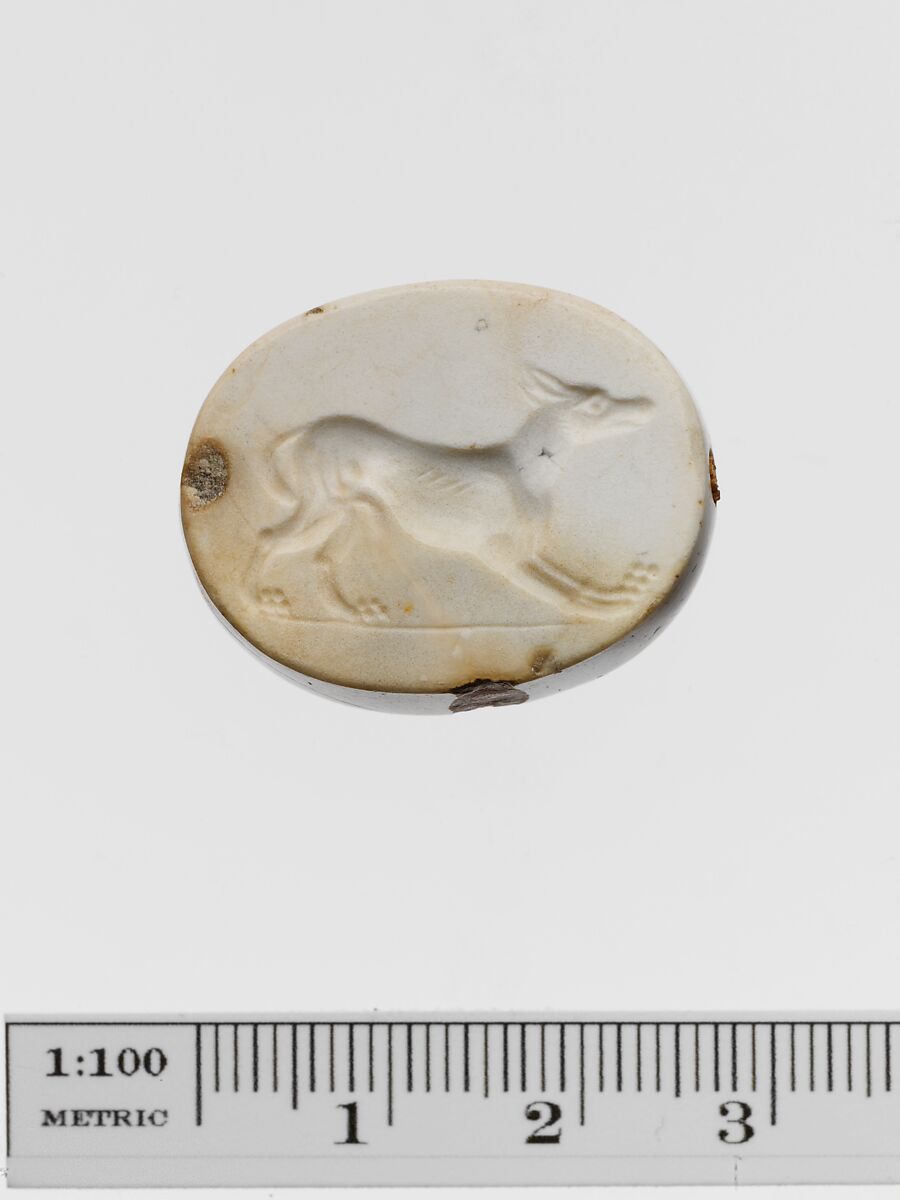 Carnelian scaraboid seal, Carnelian, burnt, Greek, Ionian 