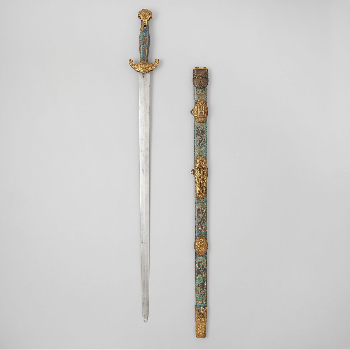 Sword with Scabbard, Steel, brass, enamel, wood, Chinese 