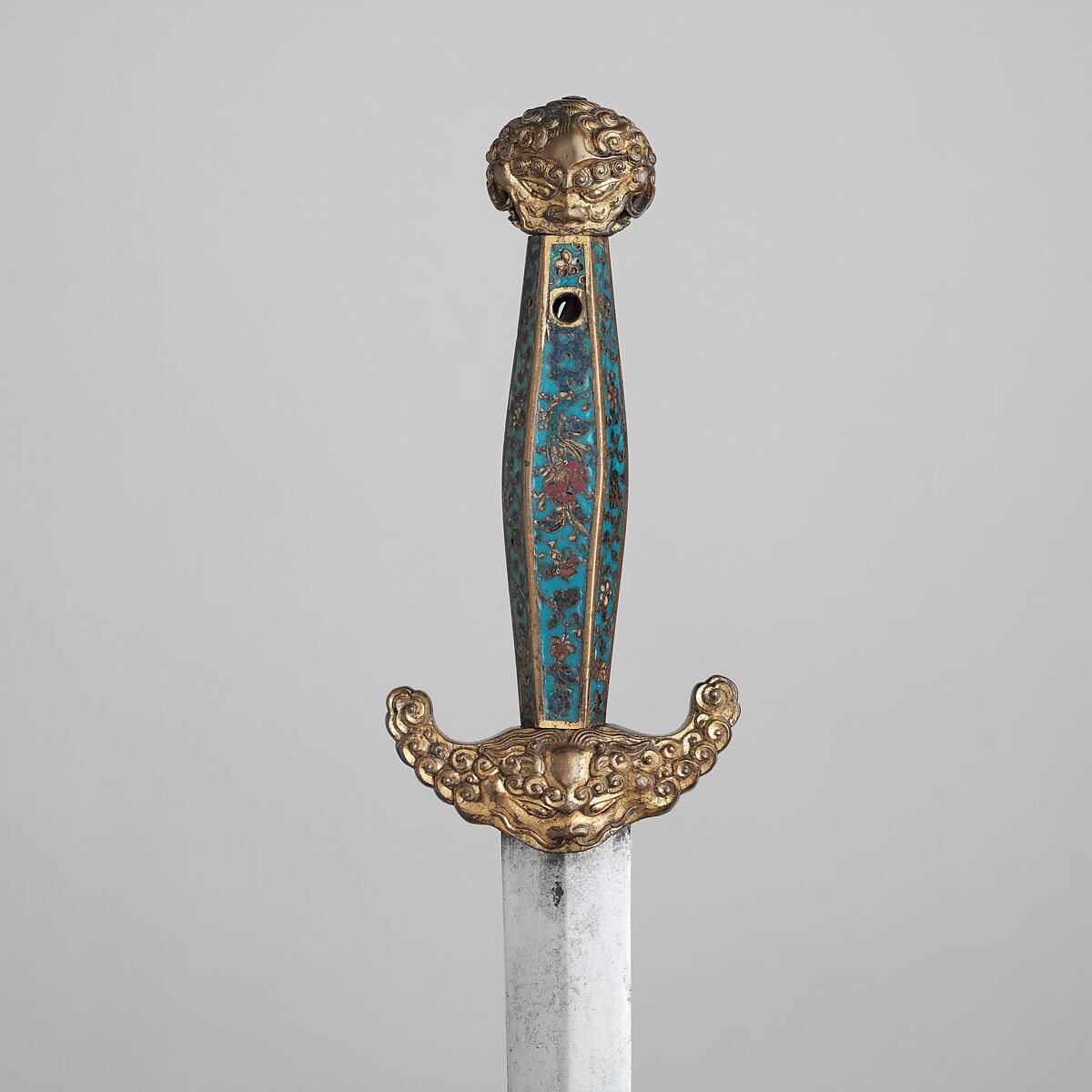 Sword with Scabbard, Steel, brass, enamel, wood, Chinese