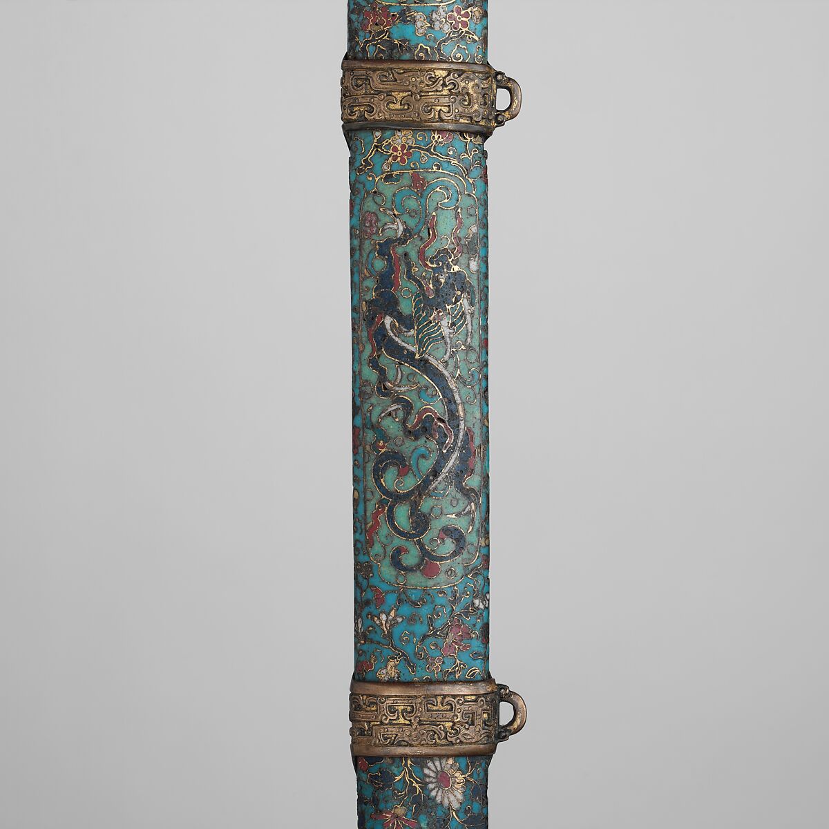 Sword with Scabbard, Steel, brass, enamel, wood, Chinese