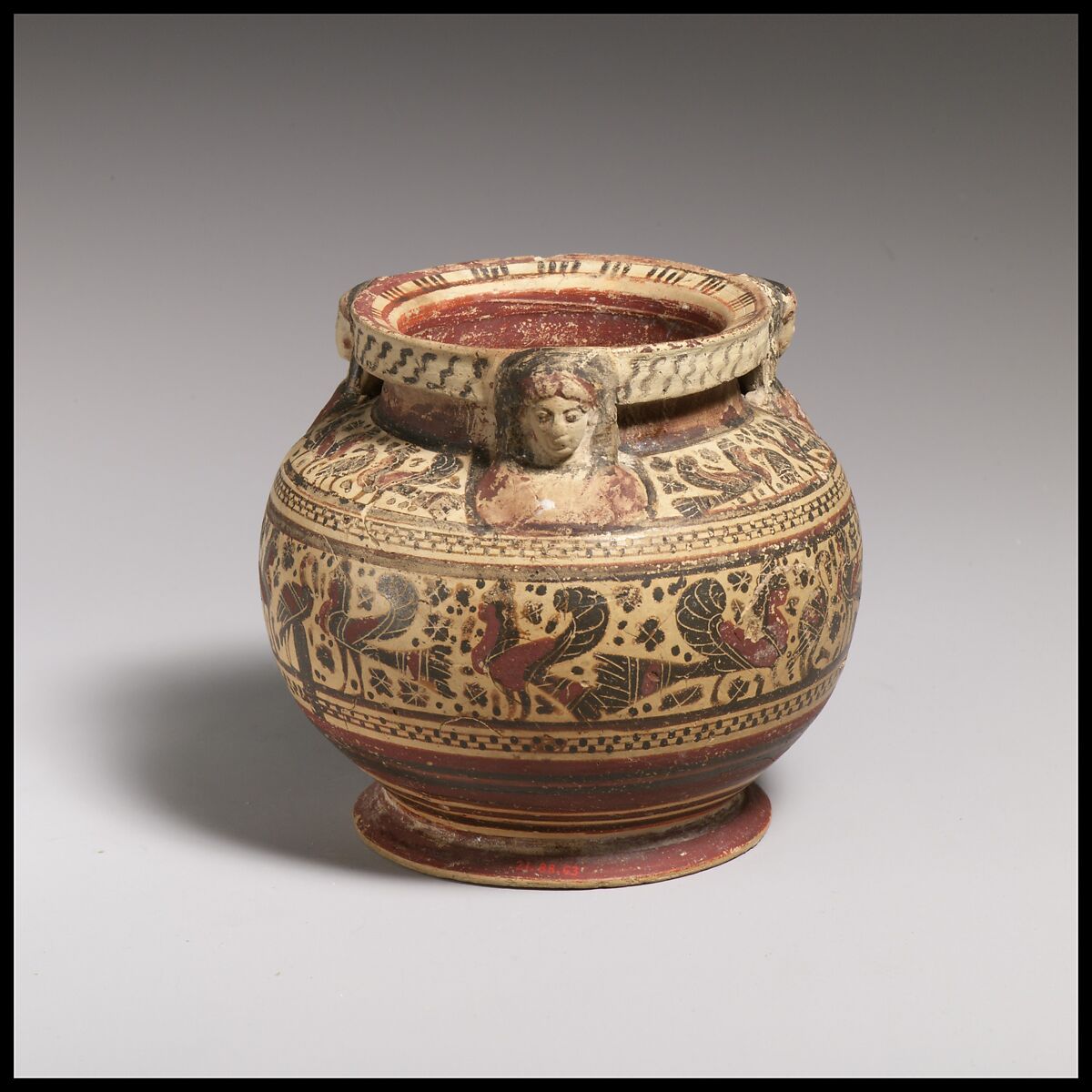 Terracotta pyxis (box), Terracotta, Greek, Corinthian 