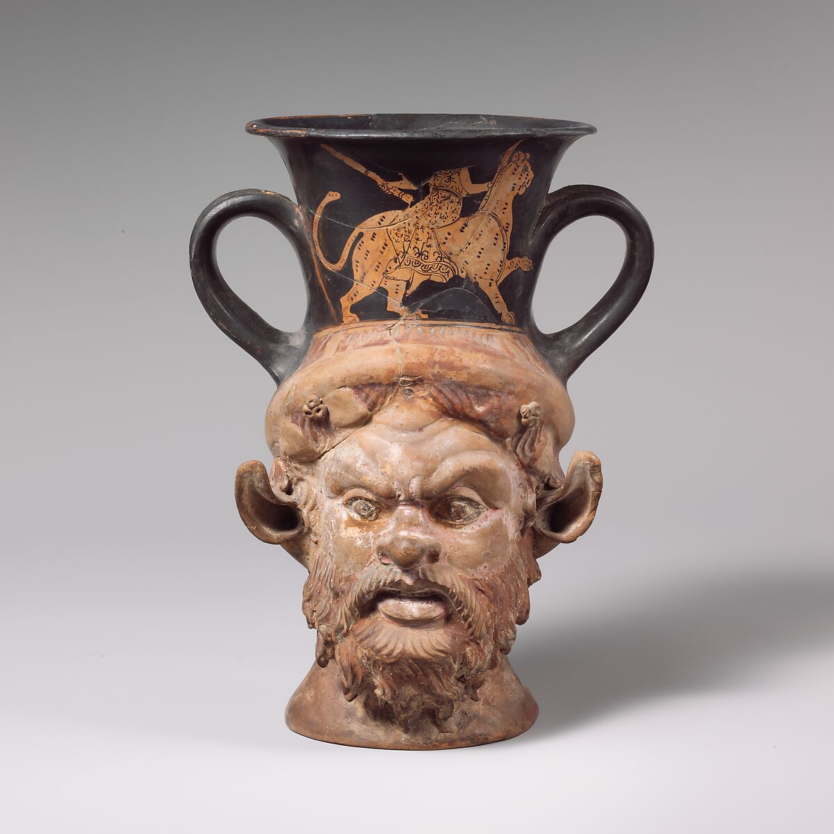 Terracotta kantharos (drinking cup with high handles), Attributed to Class W: The Class W: The Persian Class of Head Vases, Terracotta, Greek, Attic