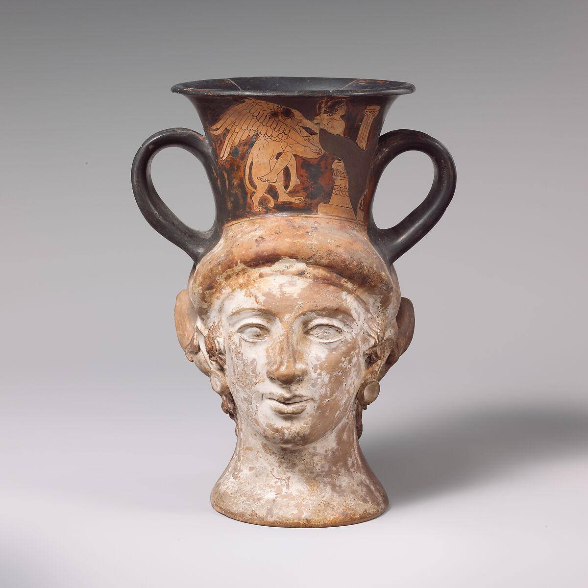 Terracotta kantharos (drinking cup with high handles), Attributed to Class W: The Class W: The Persian Class of Head Vases, Terracotta, Greek, Attic 