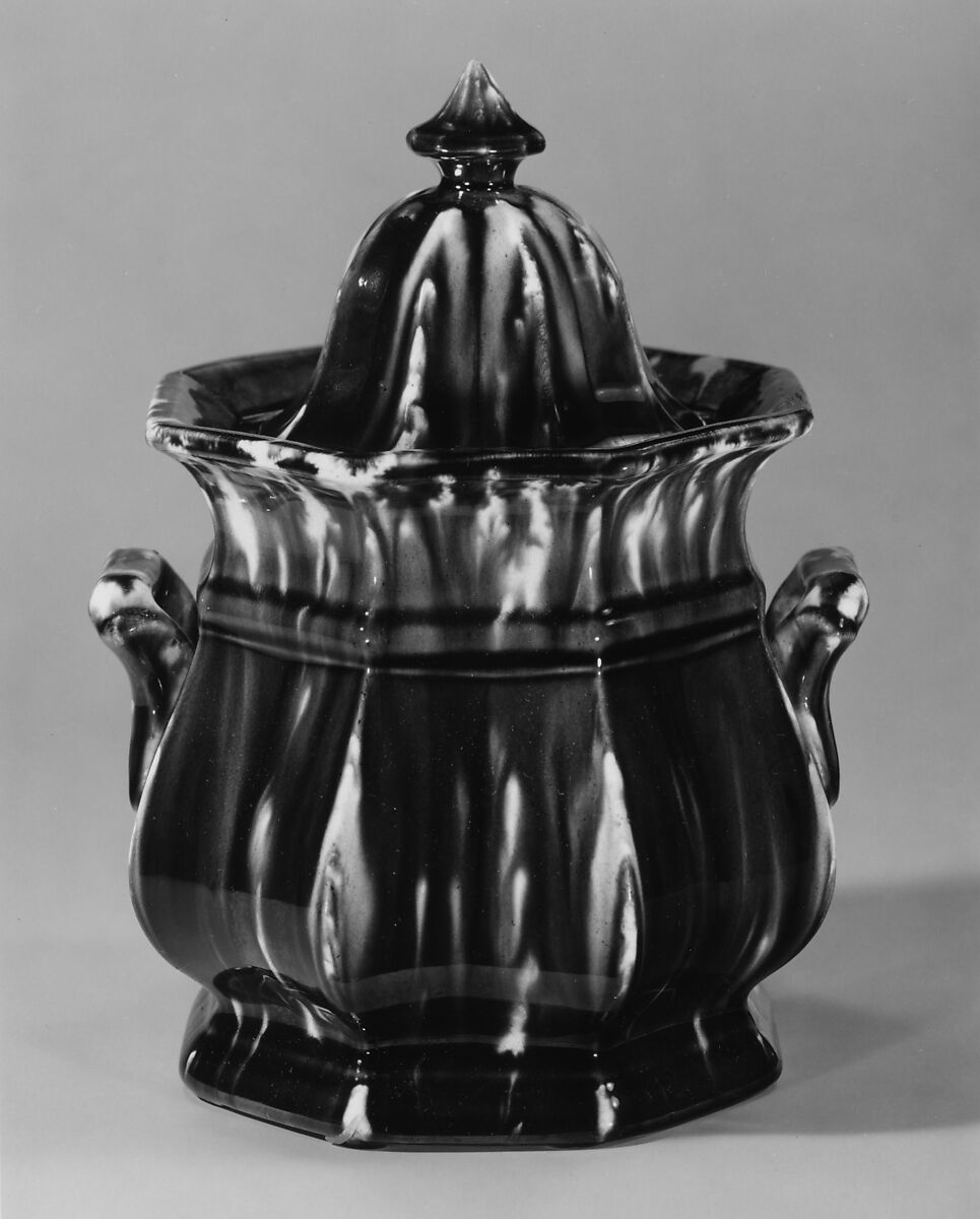Covered Sugar Bowl, United States Pottery Company (1852–58), Mottled brown earthenware, American