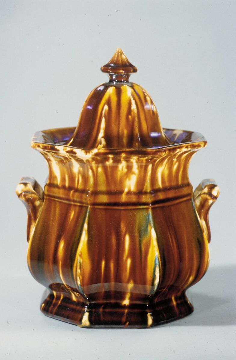 Covered Sugar Bowl, United States Pottery Company (1852–58), Mottled brown earthenware, American 
