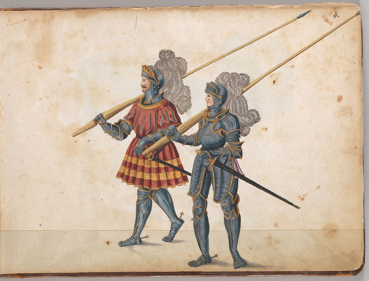 Album of Tournaments and Parades in Nuremberg, Pen and ink, watercolor, gold and silver washes; paper bound in gold-tooled leather, German, Nuremberg