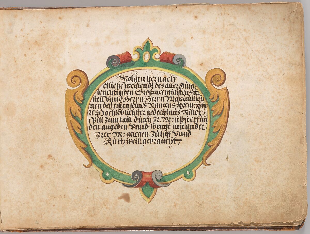 Album of Tournaments and Parades in Nuremberg, Pen and ink, watercolor, gold and silver washes; paper bound in gold-tooled leather, German, Nuremberg