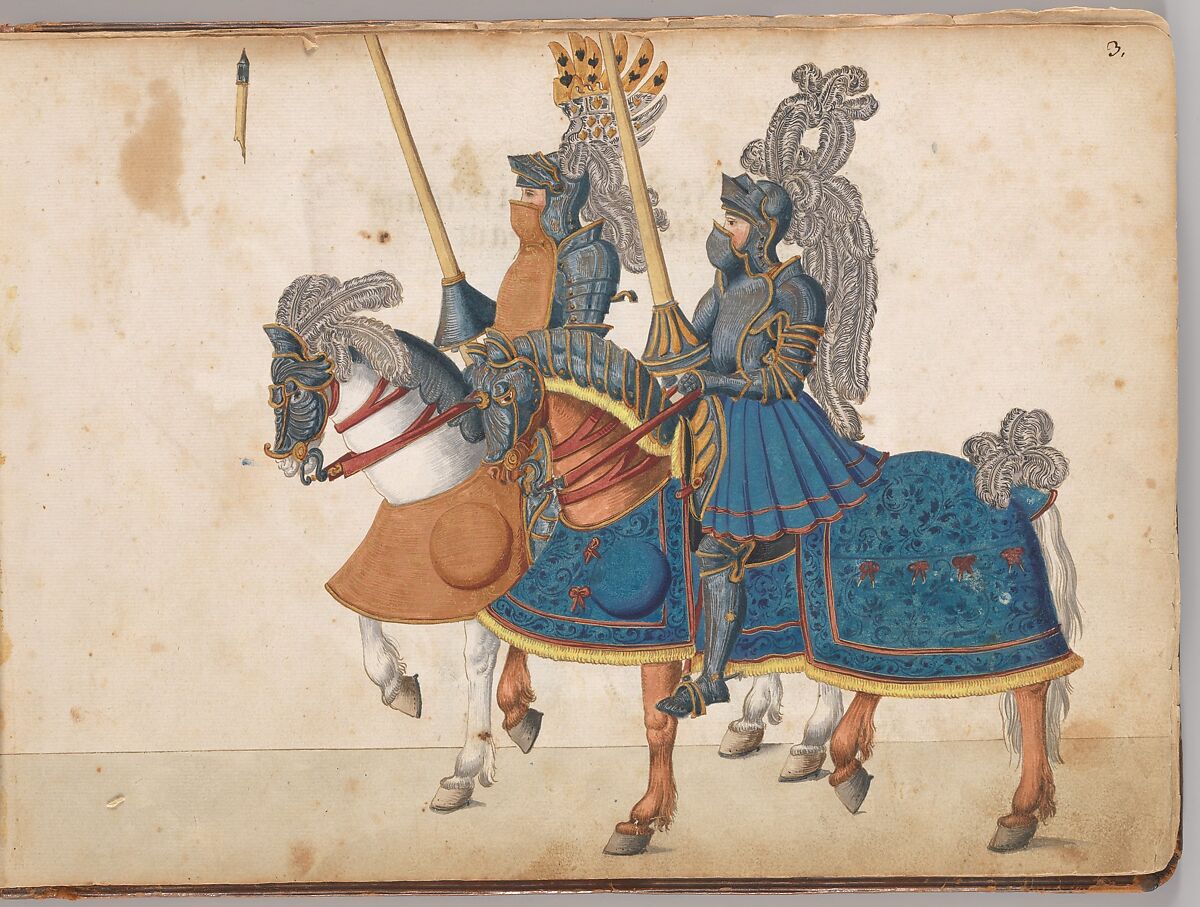 Album of Tournaments and Parades in Nuremberg, Pen and ink, watercolor, gold and silver washes; paper bound in gold-tooled leather, German, Nuremberg