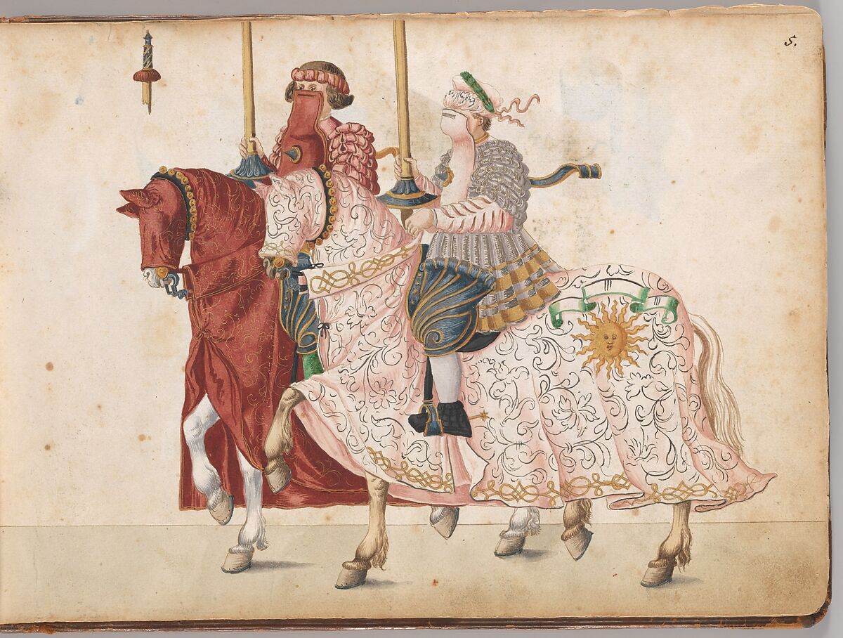 Album of Tournaments and Parades in Nuremberg, Pen and ink, watercolor, gold and silver washes; paper bound in gold-tooled leather, German, Nuremberg