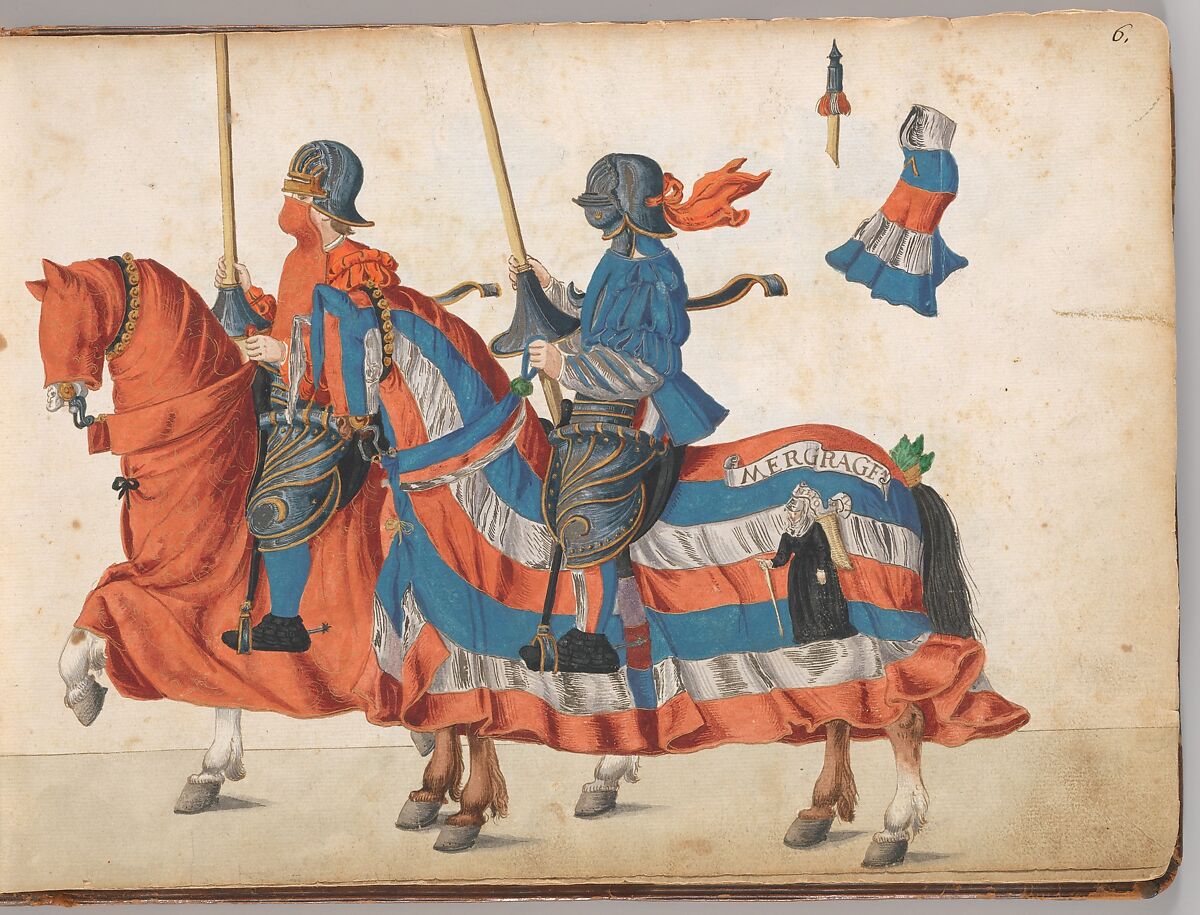 Album of Tournaments and Parades in Nuremberg, Pen and ink, watercolor, gold and silver washes; paper bound in gold-tooled leather, German, Nuremberg