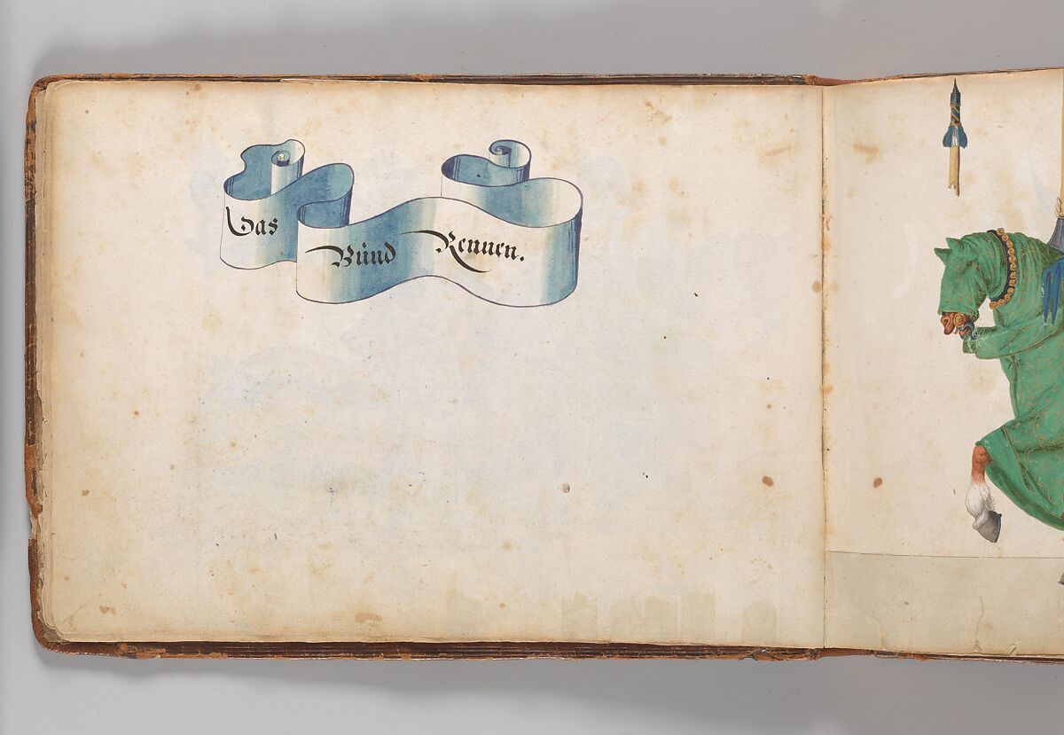 Album of Tournaments and Parades in Nuremberg, Pen and ink, watercolor, gold and silver washes; paper bound in gold-tooled leather, German, Nuremberg