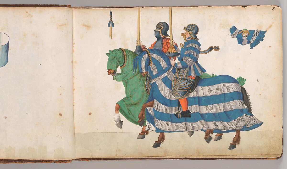 Album of Tournaments and Parades in Nuremberg, Pen and ink, watercolor, gold and silver washes; paper bound in gold-tooled leather, German, Nuremberg