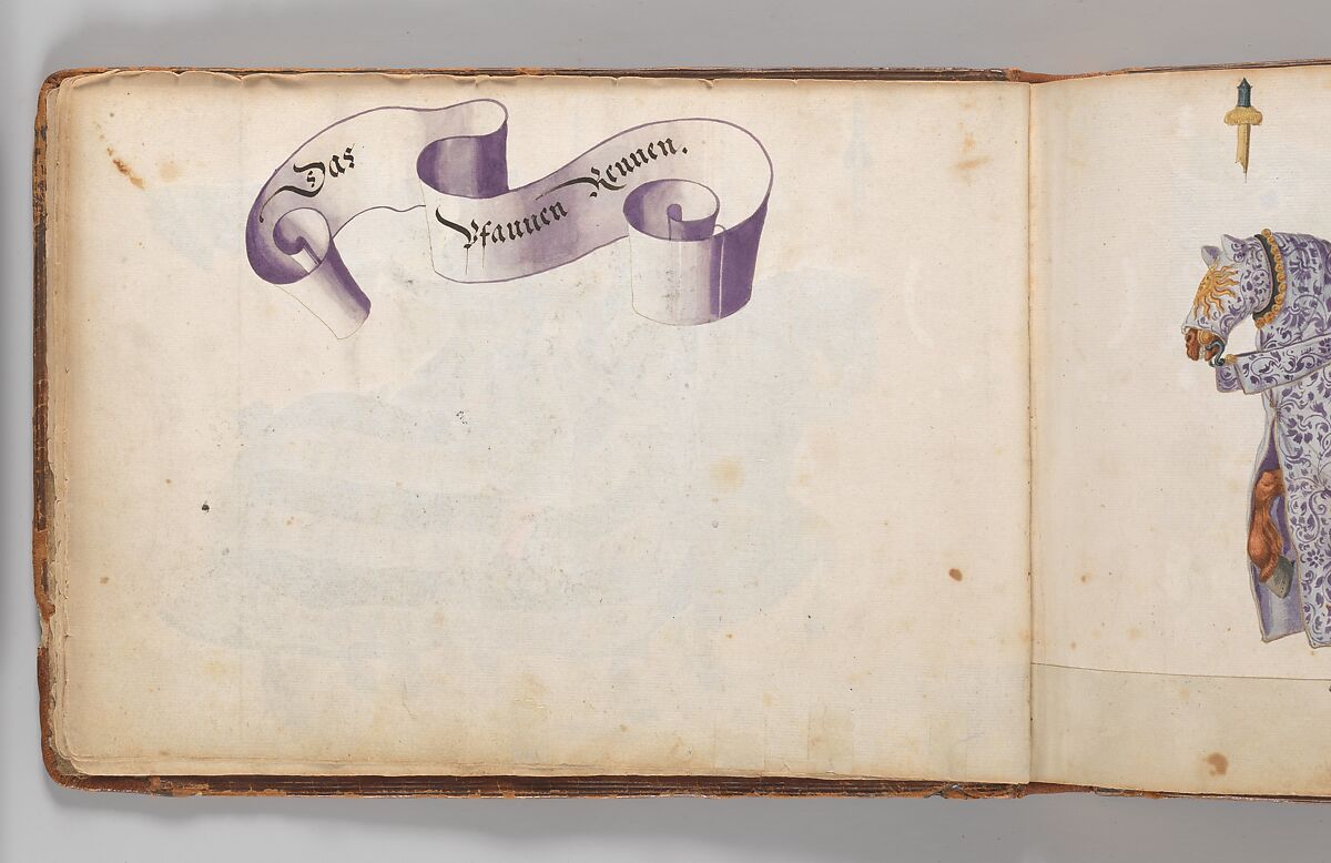 Album of Tournaments and Parades in Nuremberg, Pen and ink, watercolor, gold and silver washes; paper bound in gold-tooled leather, German, Nuremberg