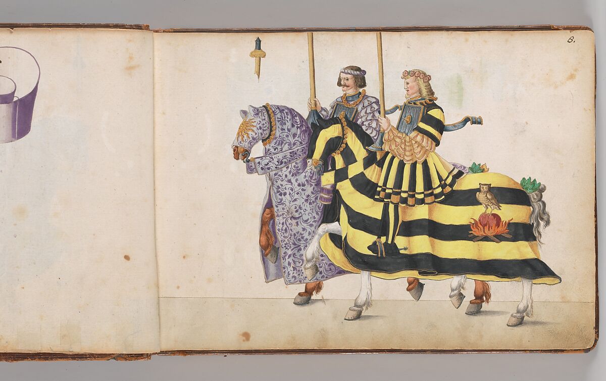Album of Tournaments and Parades in Nuremberg, Pen and ink, watercolor, gold and silver washes; paper bound in gold-tooled leather, German, Nuremberg