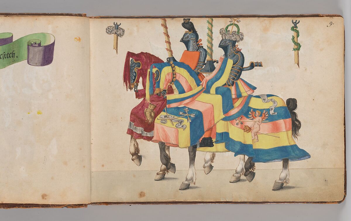 Album of Tournaments and Parades in Nuremberg, Pen and ink, watercolor, gold and silver washes; paper bound in gold-tooled leather, German, Nuremberg