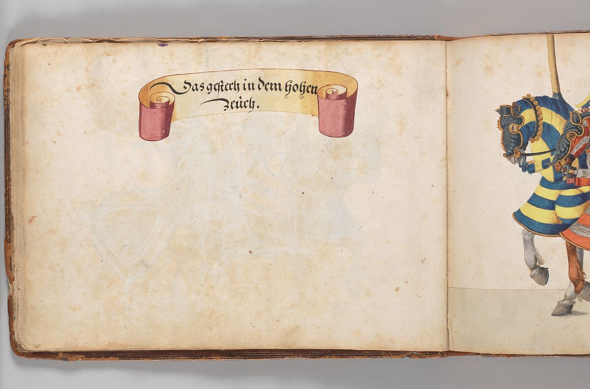 Album of Tournaments and Parades in Nuremberg, Pen and ink, watercolor, gold and silver washes; paper bound in gold-tooled leather, German, Nuremberg